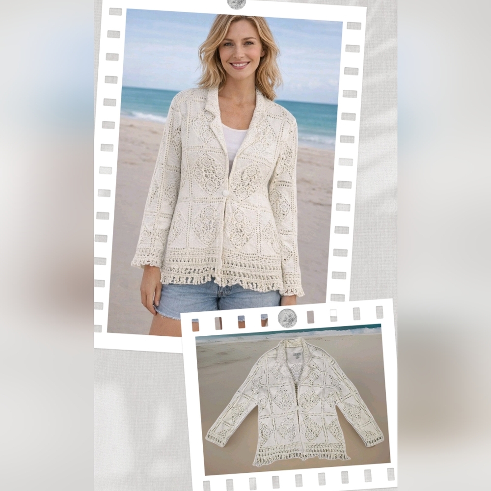 Vintage Rare Lim's 100% Cotton Hand Crocheted Cardigan White Large USA Boho EUC